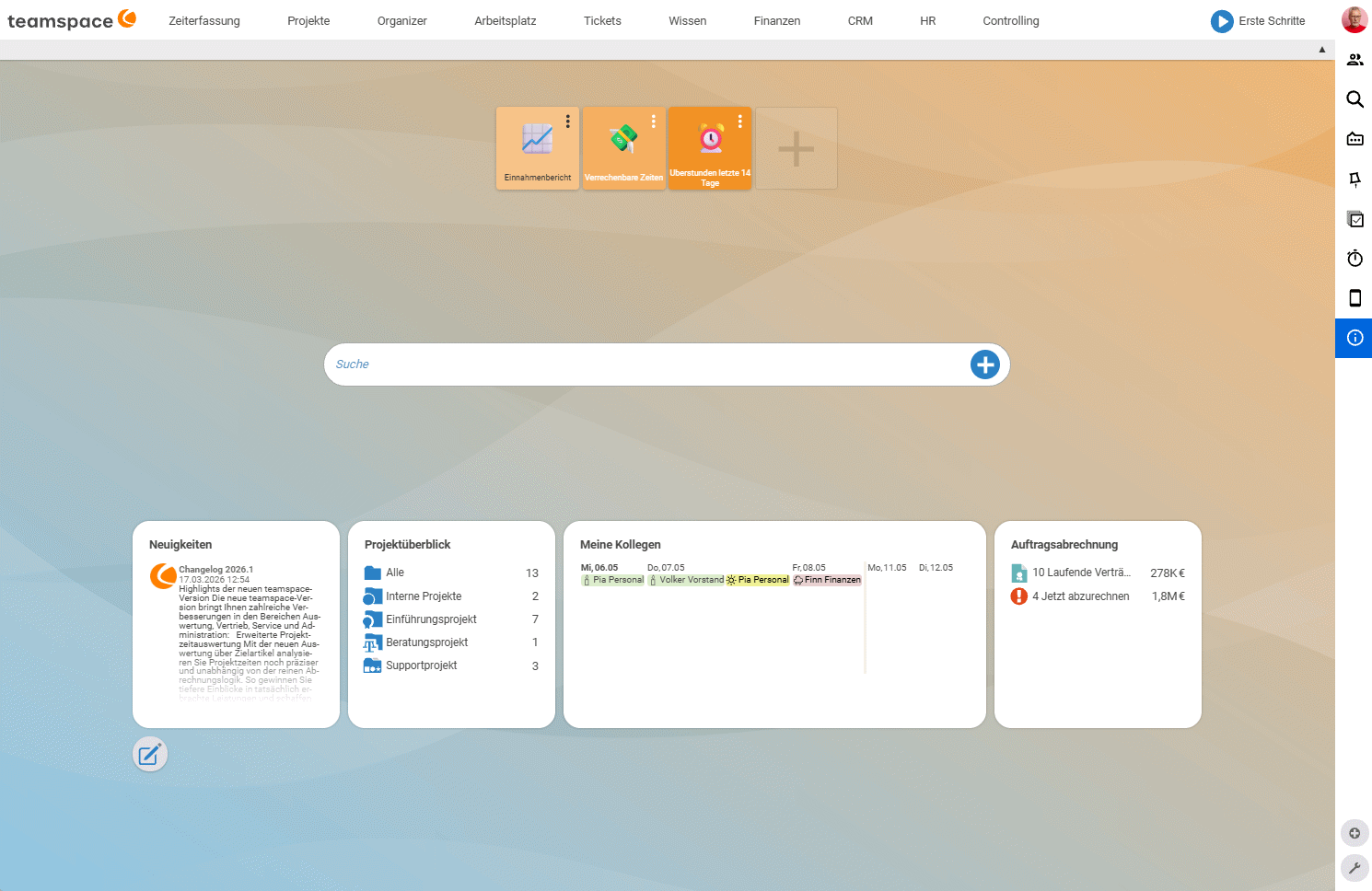 teamspace dashboard start screen with navigation, quick search and four tiles (p